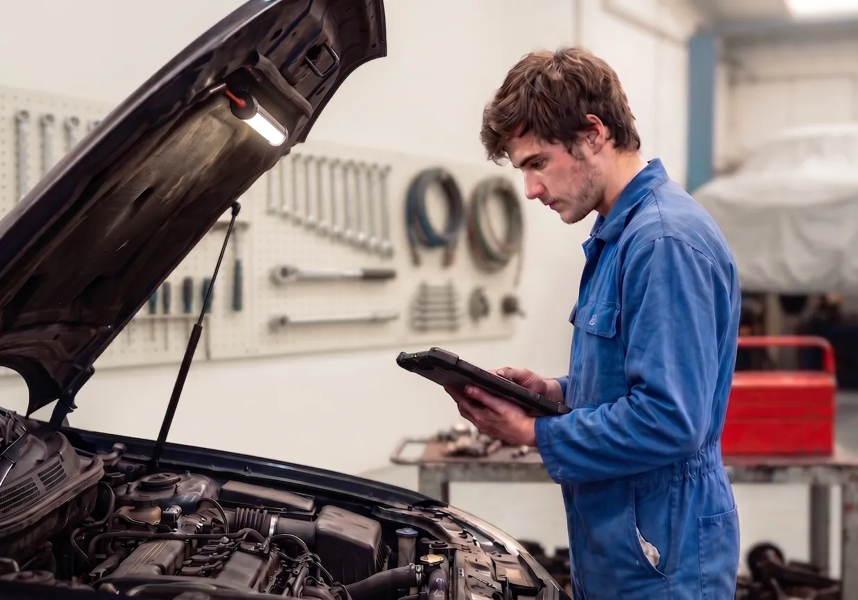 Mechanic using KAVINEX premium auto shop software on tablet