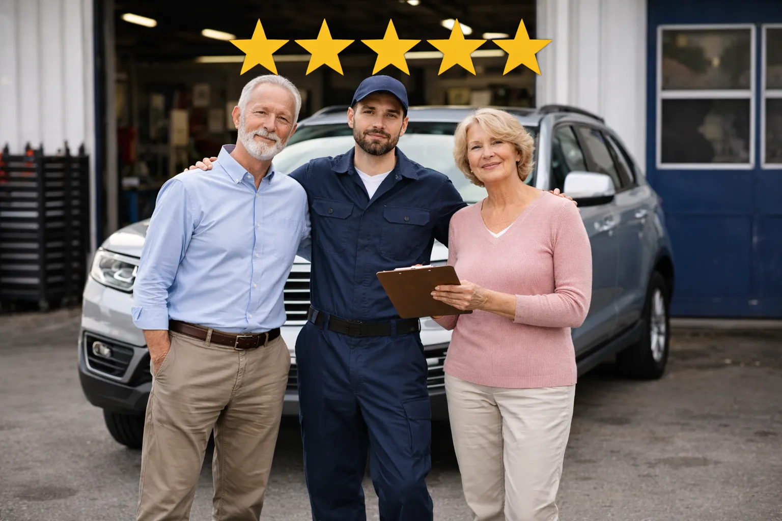 Owner and their happy customers infront of their newly done vehicle